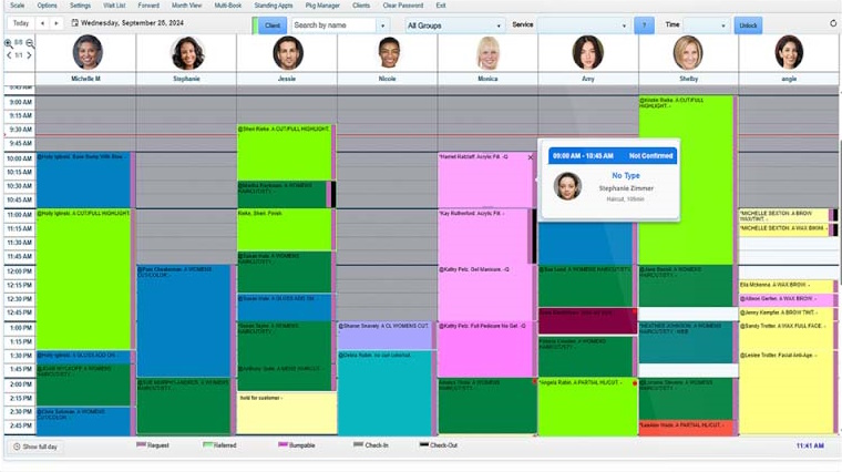 Screenshot of the tattoo shop appointment book software showing a multi-artist calendar view
