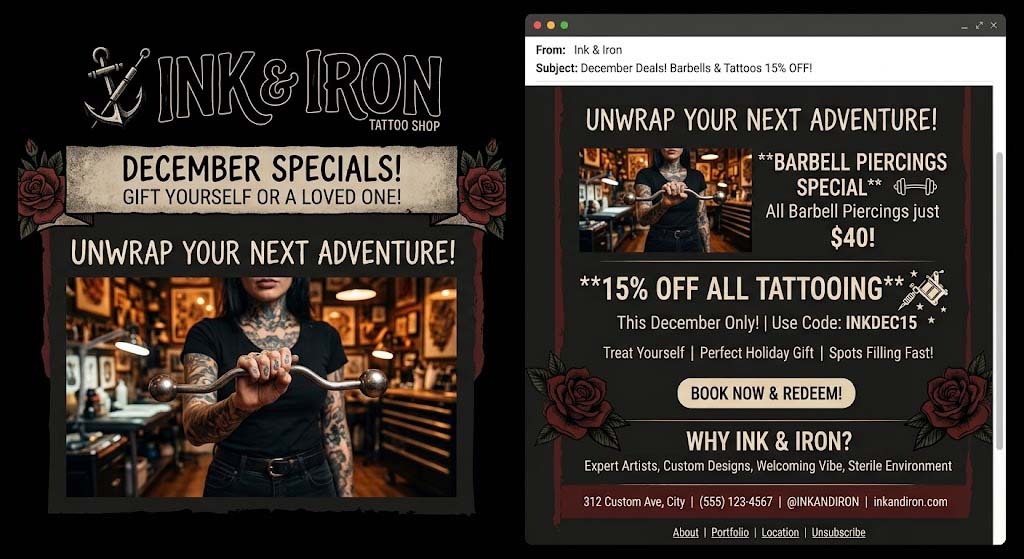 Example of a tattoo shop email marketing blast showing a promotional message sent to clients