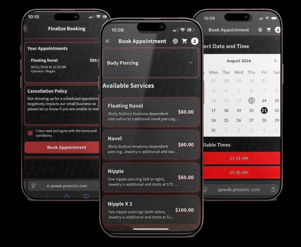 Three phones displaying the tattoo shop online booking system with available appointment times and booking options