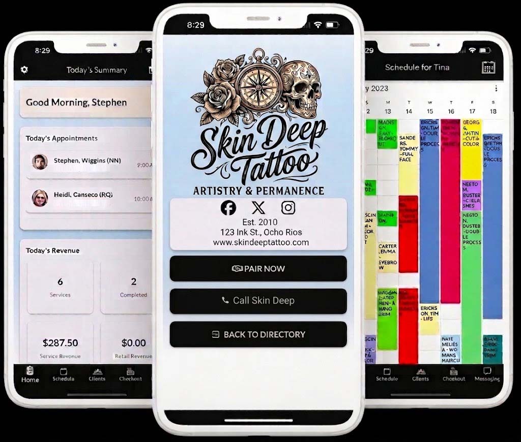 Three phones showing the tattoo shop mobile app with the login screen, appointments calendar, and daily sales overview